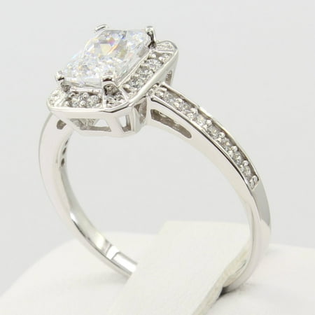 Emerald Side Stones - 1.50 Ct 14K Real White Gold Emerald Cut with Round Pave Side Stones Halo Illusion Setting Engagement Wedding Propose Promise Ring