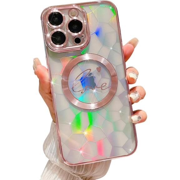 iPhone 15 pro max case, Magnetic Phone case, Laser Polygon Love Heart Pattern Plating Case, Compatible with MagSafe for Women Girls Shockproof Back Cover-Pink