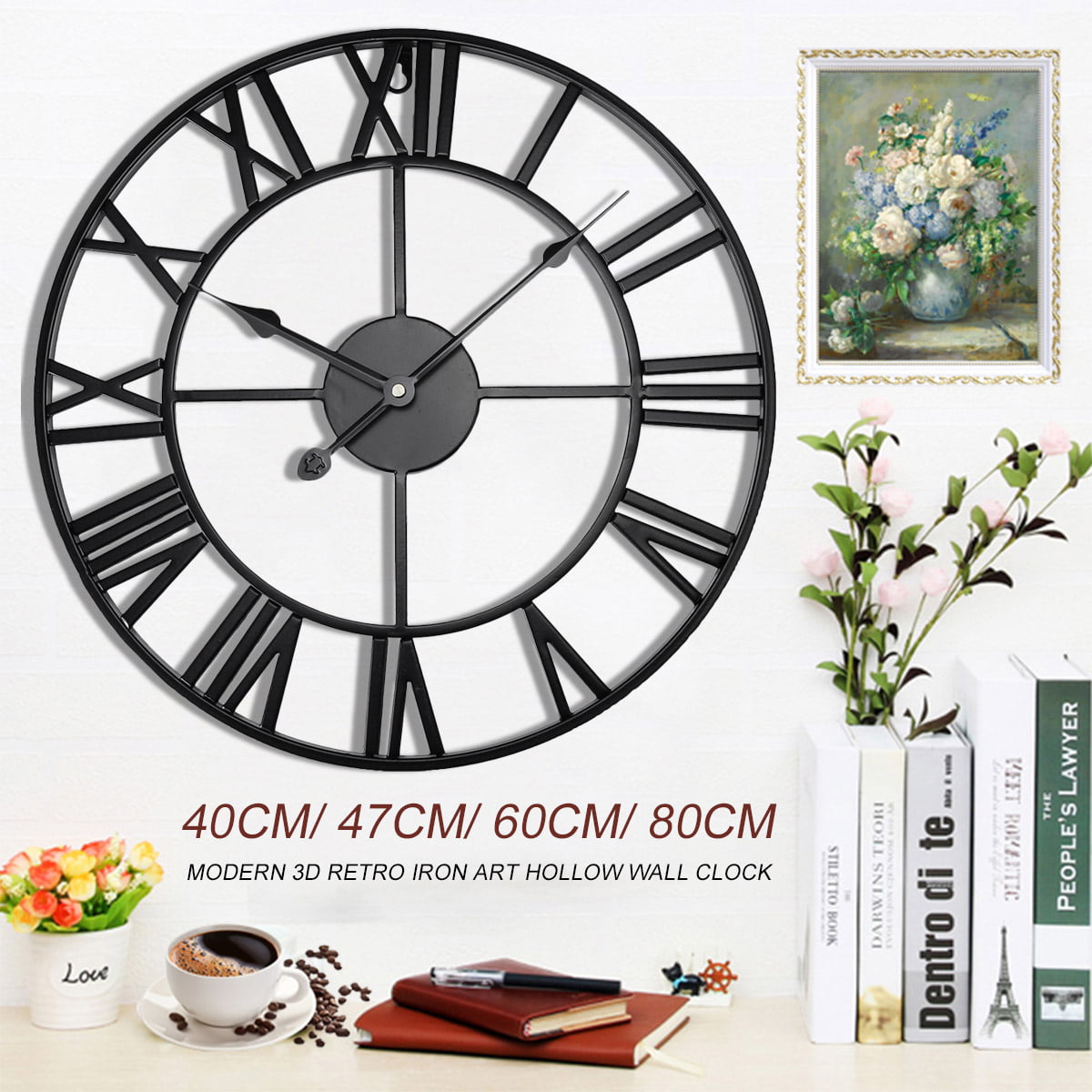 Large Roman Numeral Wall Clock Indoor Outdoor Garden Metal Round Clocks 40/60cm 
