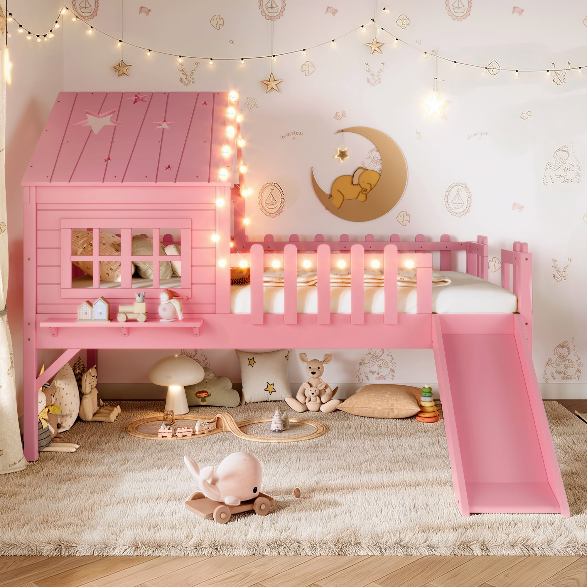 Mintazer Twin Size Kids House Loft Bed with Slide & LED Lights, Modern Playhouse Bed with Star Shaped Designs & Ladder, No Box Spring Needed, Pink