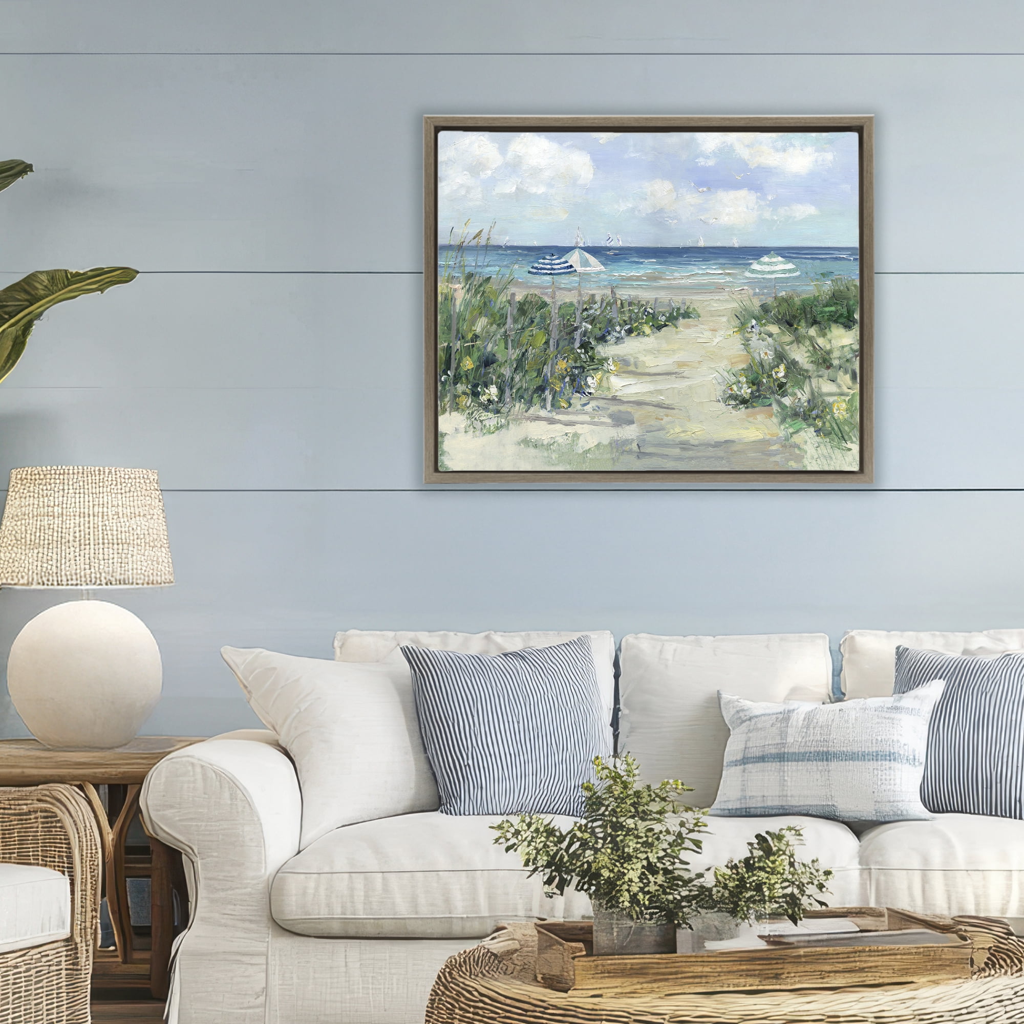 Stupell Industries Seaside Path To Striped Umbrellas Brown Framed Floater Canvas Wall Art, design by Sally Swatland