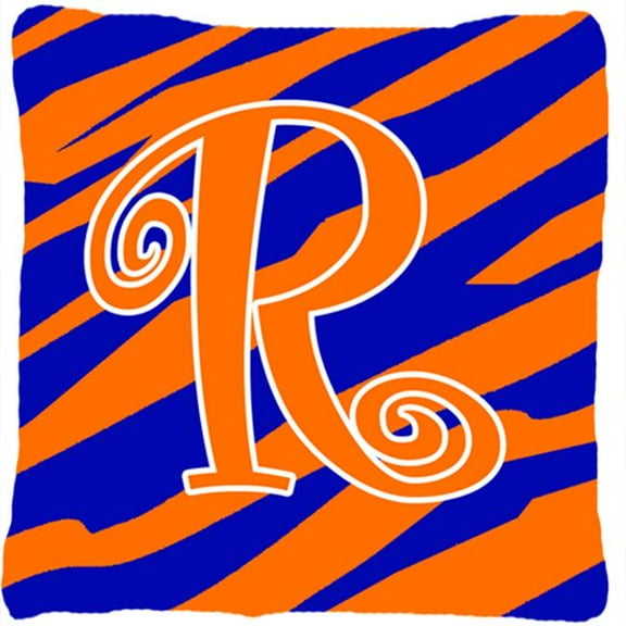 Monogram Initial R Tiger Stripe Blue and Orange Fabric Decorative Pillow