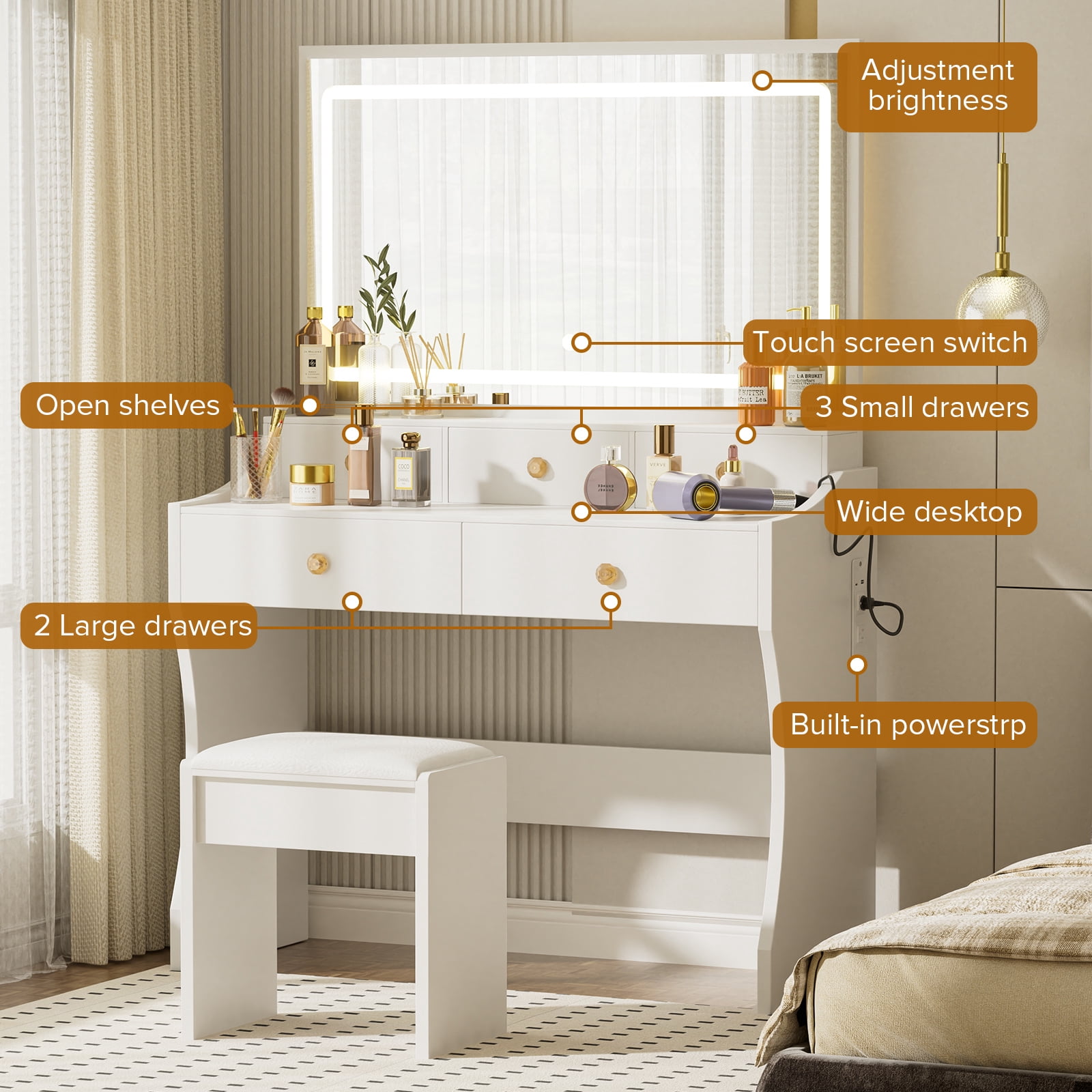 LUCKLIFE White Vanity Desk with Mirror and Lights, 5 Drawers & Charging Station, Vanity Table and Chair Set