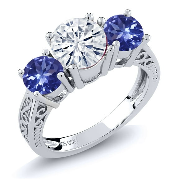 Gem Stone King 2.12 Cttw Moissanite and Tanzanite 3-Stone Ring for Women | 925 Sterling Silver | Round 7MM and 5MM | Gemstone Birthstone (Size 5)