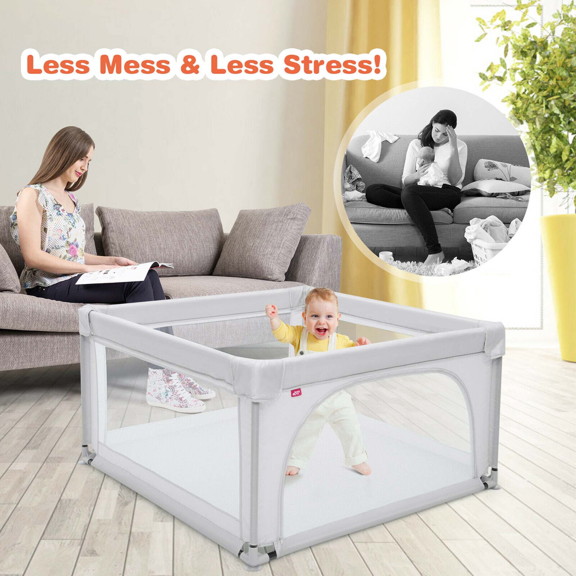 Costway Baby Playpen Infant Large Safety Play Center Yard w/ 50 Ocean Balls Grey