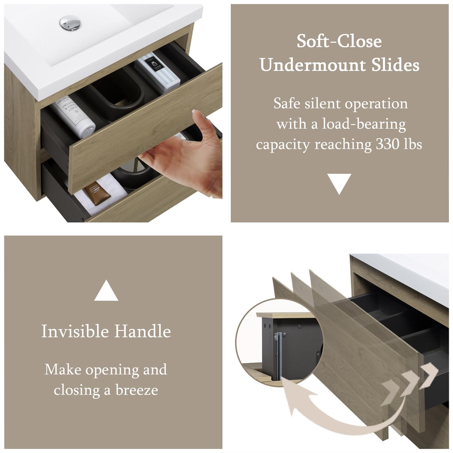 Demi Bonn 24" Floating Bathroom Vanity with Sink, Resin Top Basin and 2 Soft Close Drawers, Faucets and Drains Not Included, Brown