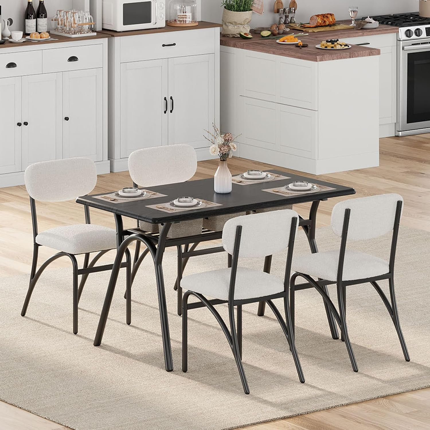 GarveeHome Boucle Dining Chairs Set of 2, Mid-Century Modern Upholstered Accent Chairs with Arched Metal Legs for Dining Room, Kitchen, Living Room, Beige