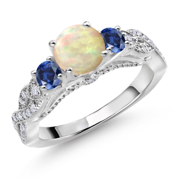 Gem Stone King 925 Sterling Silver White Ethiopian Opal Blue Created Sapphire and White Moissanite Engagement Ring for Women (1.11 Cttw, Gemstone, Round Cabochon 6MM and 3MM, Size 6)