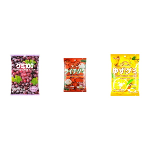 3 Pack Kasugai Gummy Candies, Made in Japan, Gluten Free, Mix 3 Flavor (Grape Frutia,Lychee,Yuzu) Plus NineChef Brand Long Handle Coffee Spoon