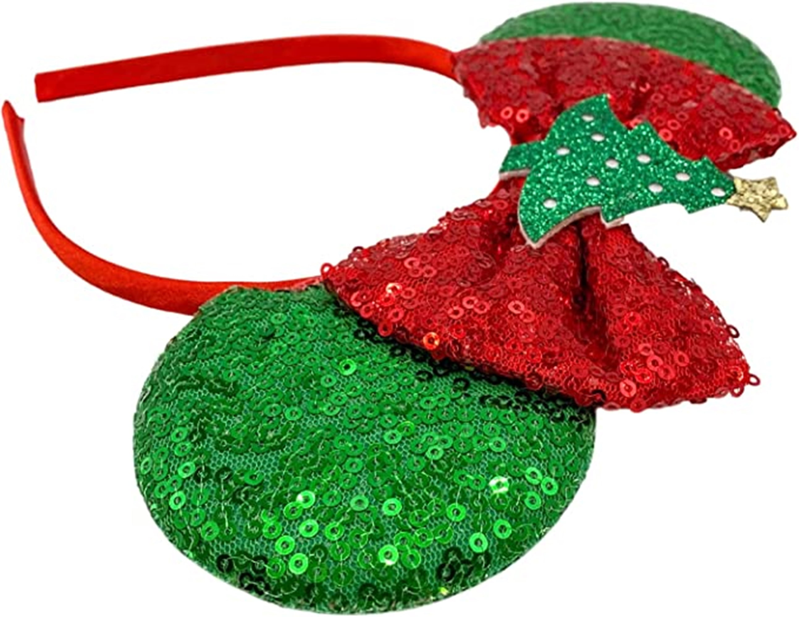 Needzo Red and White Striped Christmas Mouse Ear Headband with Green Bow, Sequin Festive Holiday Hair Accessory for Women or Girls, One Size Fits Most