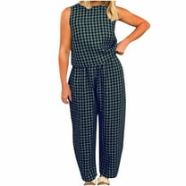 UPPADA 2 Piece Beach Sets for Women Plaid 2 Pieces Lounge Pants Sets Y2k Sleeveless Crop Tank Top Outfits Baggy Wide Leg Barrel Loungewear Suits Green,S