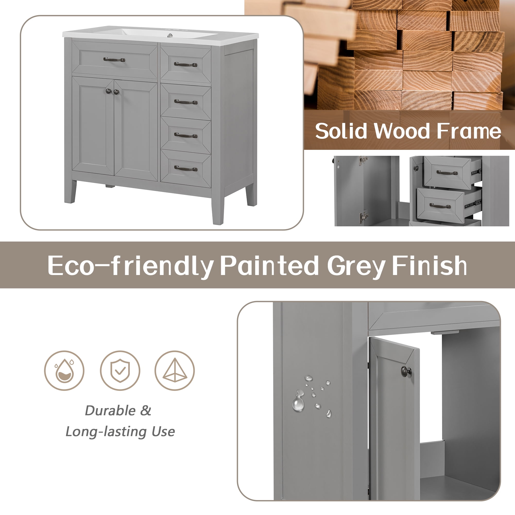 Harper & Bright Designs 36" Bathroom Cabinet Vanity with Sink Combo, White Bathroom Storage Cabinet with 3 Drawers and Two Doors, Solid Wood Frame and MDF Board