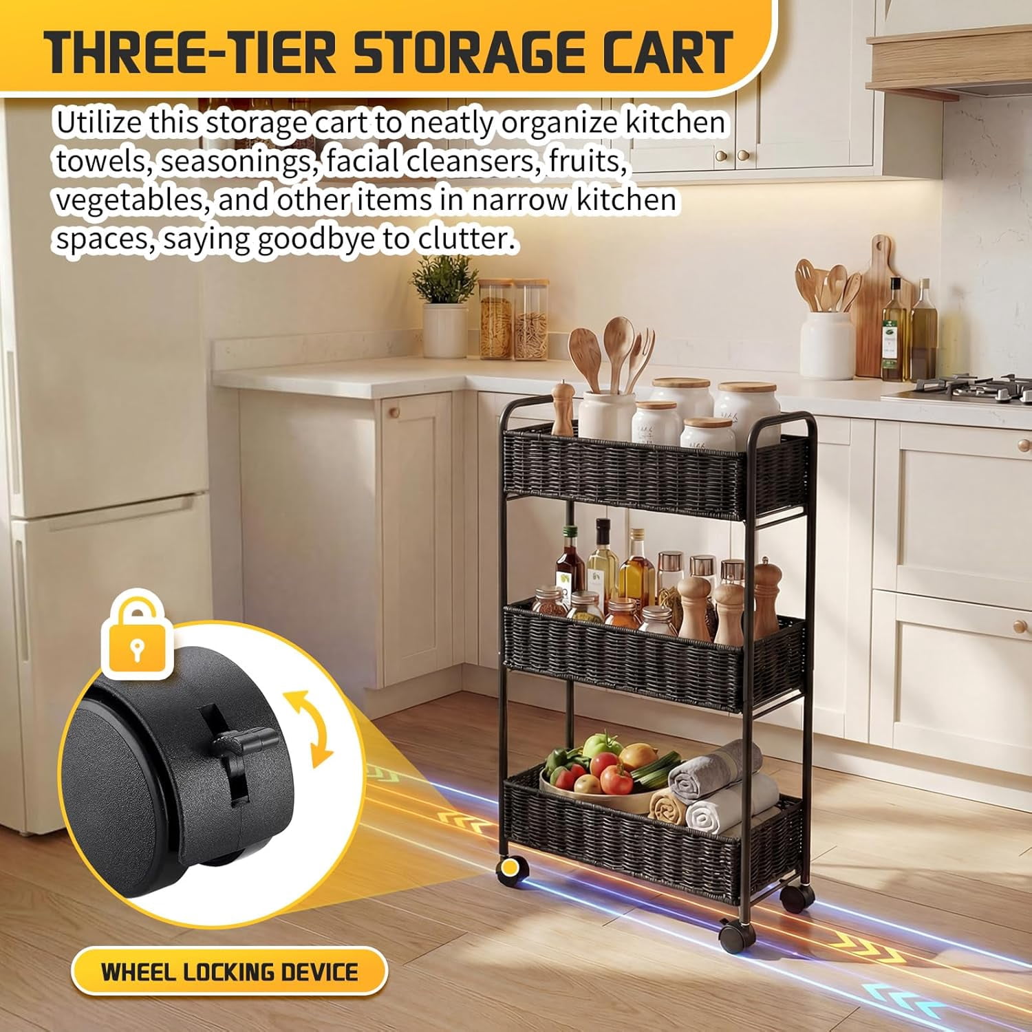3-Tier Utility Slim Storage Cart, Rolling Kitchen Office Laundry Room Cart, Shelving Unit Organizer for Living Room,Home Office & Narrow Places