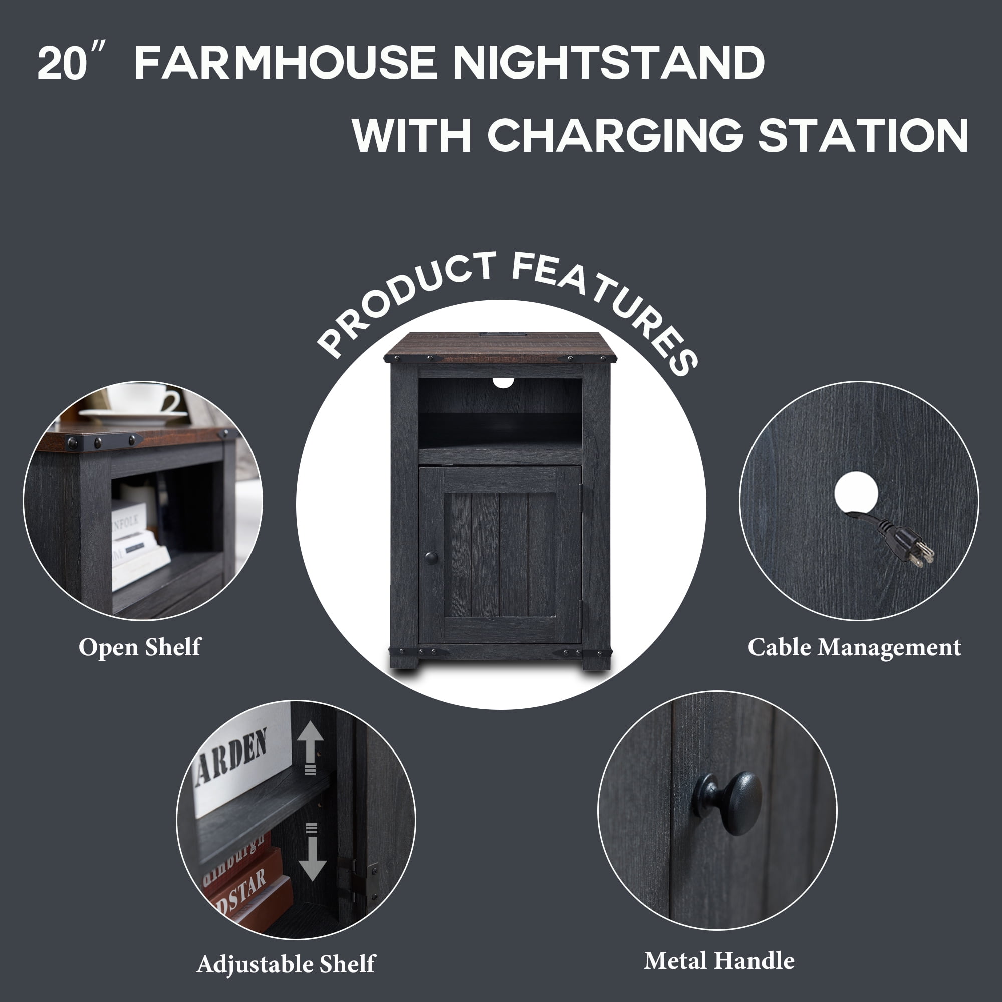 Farmhouse Side Table Bedroom Set of 2, Nightstand with Charging Station, End Table Side Table for Bedroom,Living Room
