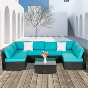 Kinbor 7pcs Outdoor Patio Furniture Sectional Pe Rattan Wicker Rattan Sofa Set with Cushions, Turquoise