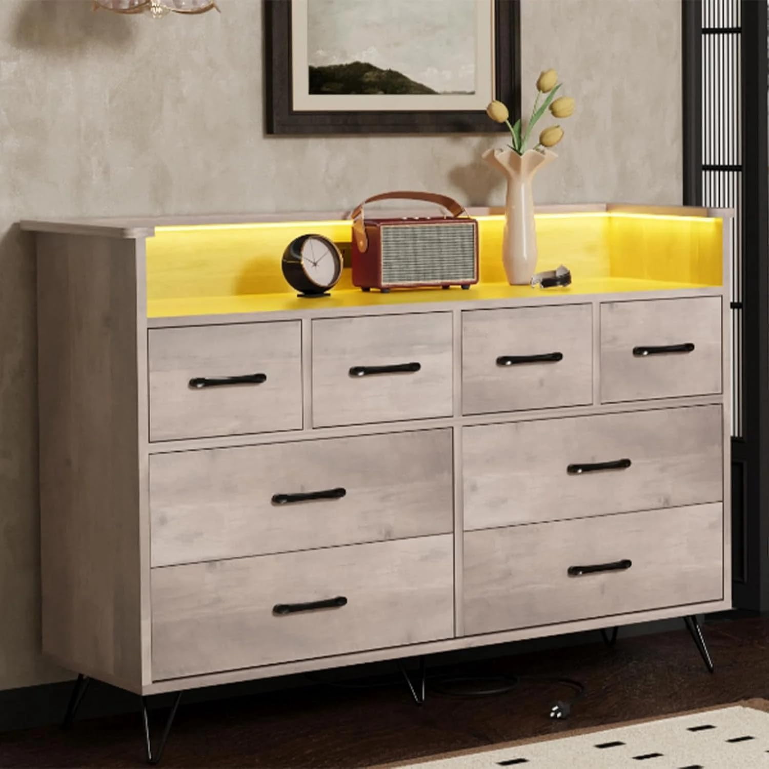 Homhougo Dresser TV Stand, Dresser for Bedroom With LED Light & Charging Station Entertainment Center With Storage 8 Drawers Wooden Dressers With Open Space Wide Drawers for Living Room, Light Brown