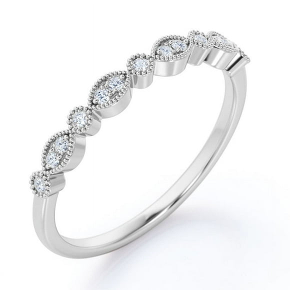 JeenMata Alianza de Boda Estilo Art Déco con Filigrana Milgrain y Piedra Natal de Abril de Talla Brillante Redonda de 0,25 Quilates en Baño de Oro Blanco de 18 K sobre Plata