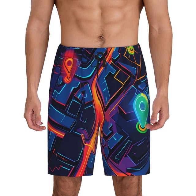 Balery Neon City Map Pantalones cortos de pijama de punto de algodón para hombre con cinturilla y bolsillos-XX-Large