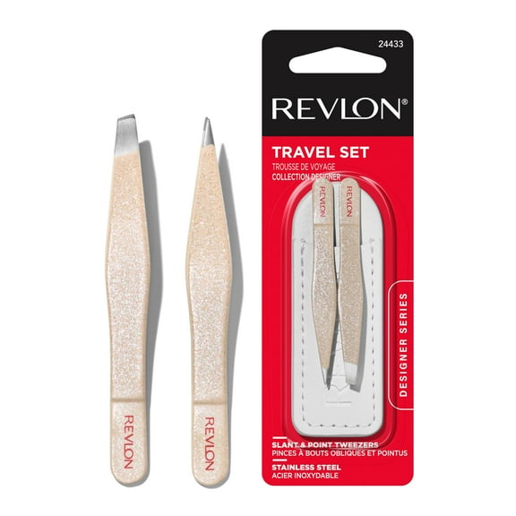 Revlon Designer Series Mini Tweezers Set, Slant Tip & Point Tip, Beauty Stocking Stuffers For Women, Hair Removal Travel Tweezers, 1 Count Packaging May Vary
