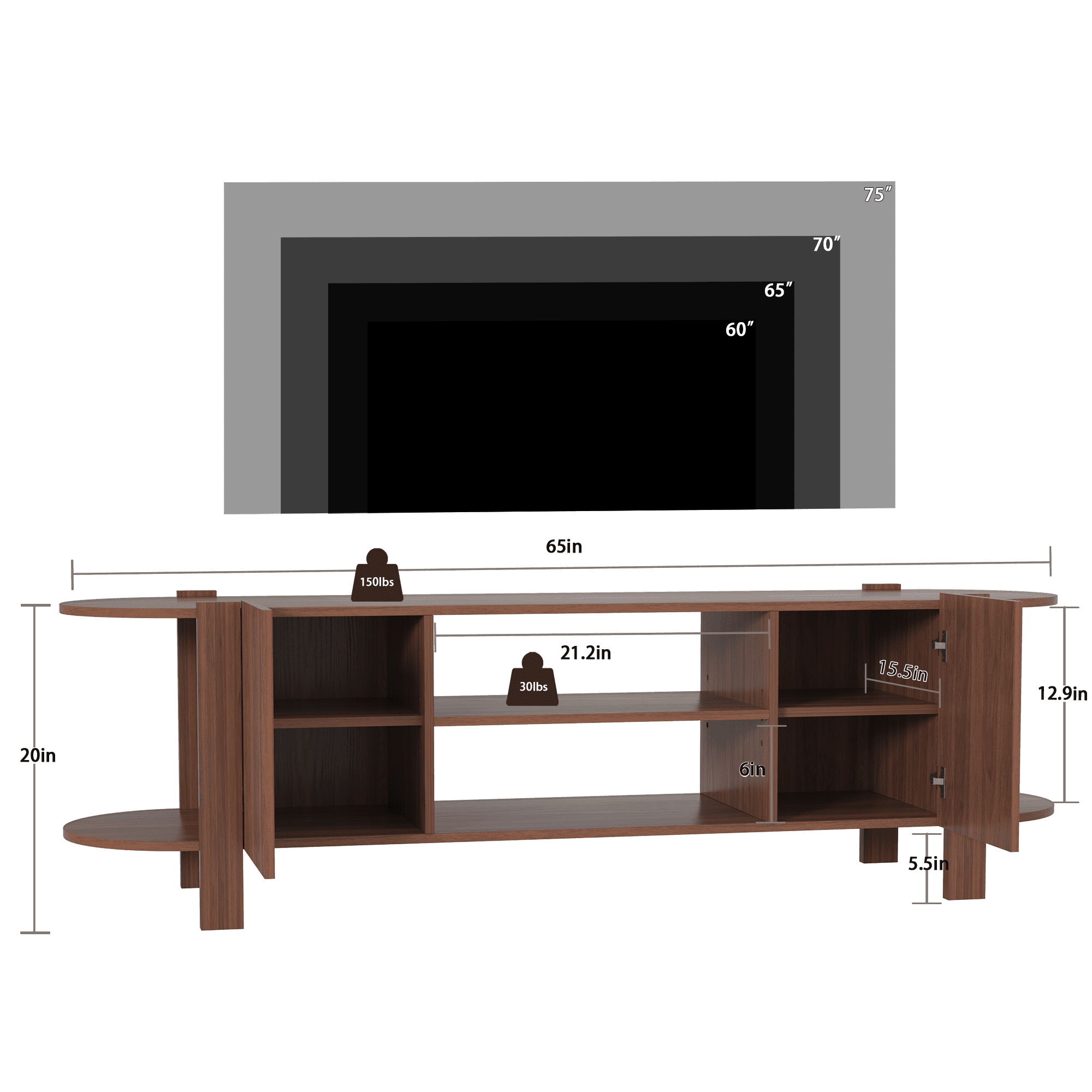 ZOSQUARE 65 inch TV Stand for TVs up to 75", Walnut Entertainment Center with Fluted Doors and Open Shelves, Wood TV Console with Rounded Edges for Living Room