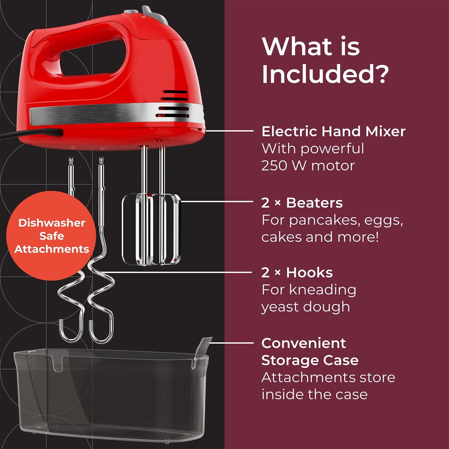  MHCC 5-Speed​ Electric Hand Mixer with Snap-On Storage Case,  Whisk Beaters, 250-Watt-Black: Home & Kitchen