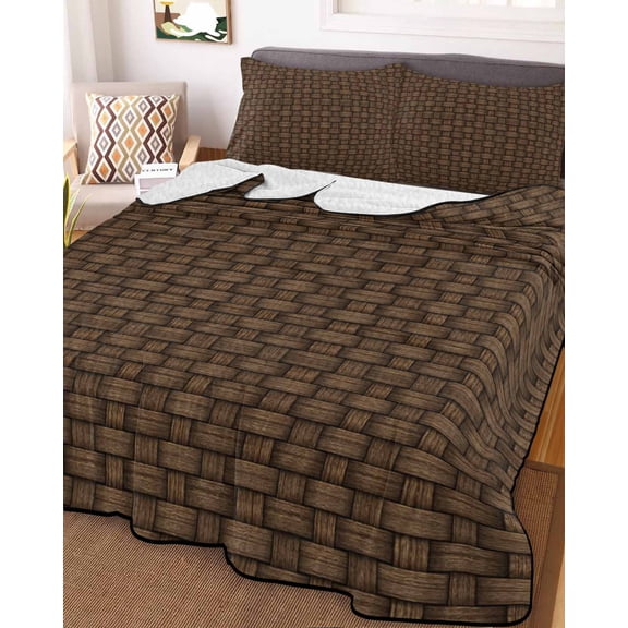 Dark Brown Rattan Full Size Down Alternative Comforter, Lightweight Comforter Quilt Bedding Set with Pillow Shams Vintage Abstract Wicker Texture All Seasons Bed Comforter Duvet Insert 78"x90"