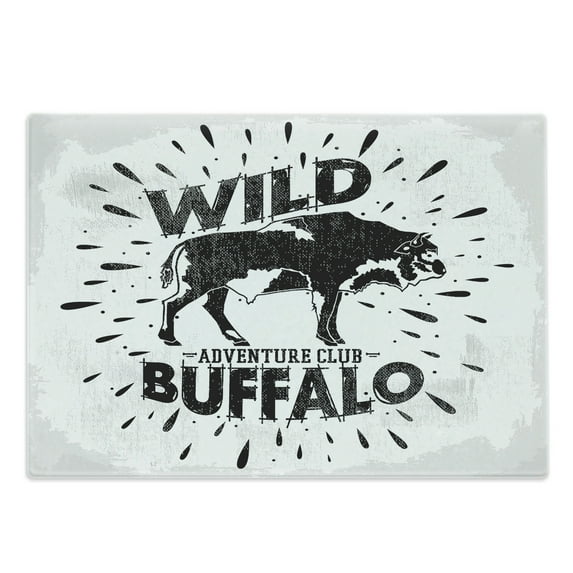 Buffalo Cutting Board, Monochrome Style Wild Animal Bison Illustration Positive Grunge Wording, Decorative Tempered Glass Cutting and Serving Board, in 3 Sizes, by Ambesonne