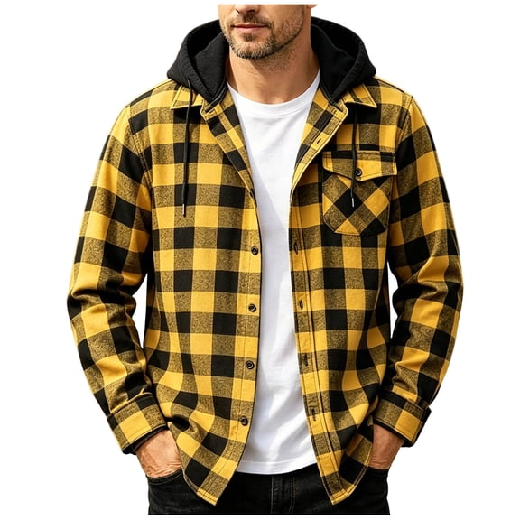 hoksml Men's Hooded Plaid Flannel Shirt Long Sleeve Button Up Chest Pocket Casual Jacket Comfort