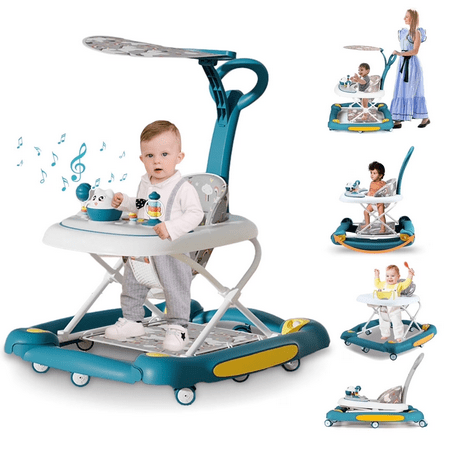 HDUTNGISN Green 6-in-1 Foldable Baby Walker for 6-24 Months,Bouncer,Tray & Music
