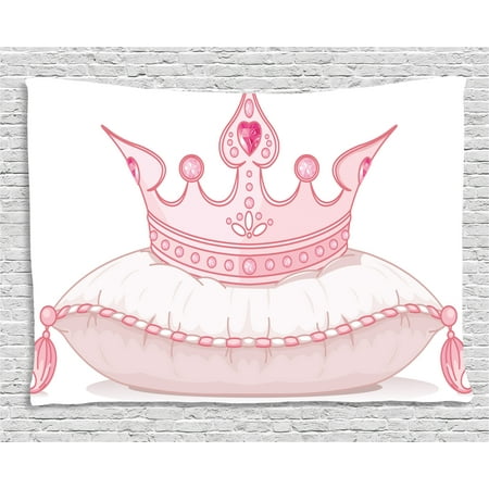 Fabric Panel Pillow Wall Hanging - Queen Tapestry, Cartoon Style Cute Pink Princess Crown on Pillow Fairy Tail Fantasy Girlish Fashion, Wall Hanging for Bedroom Living Room Dorm Decor, 80W X 60L Inches, Light Pink, by Ambesonne