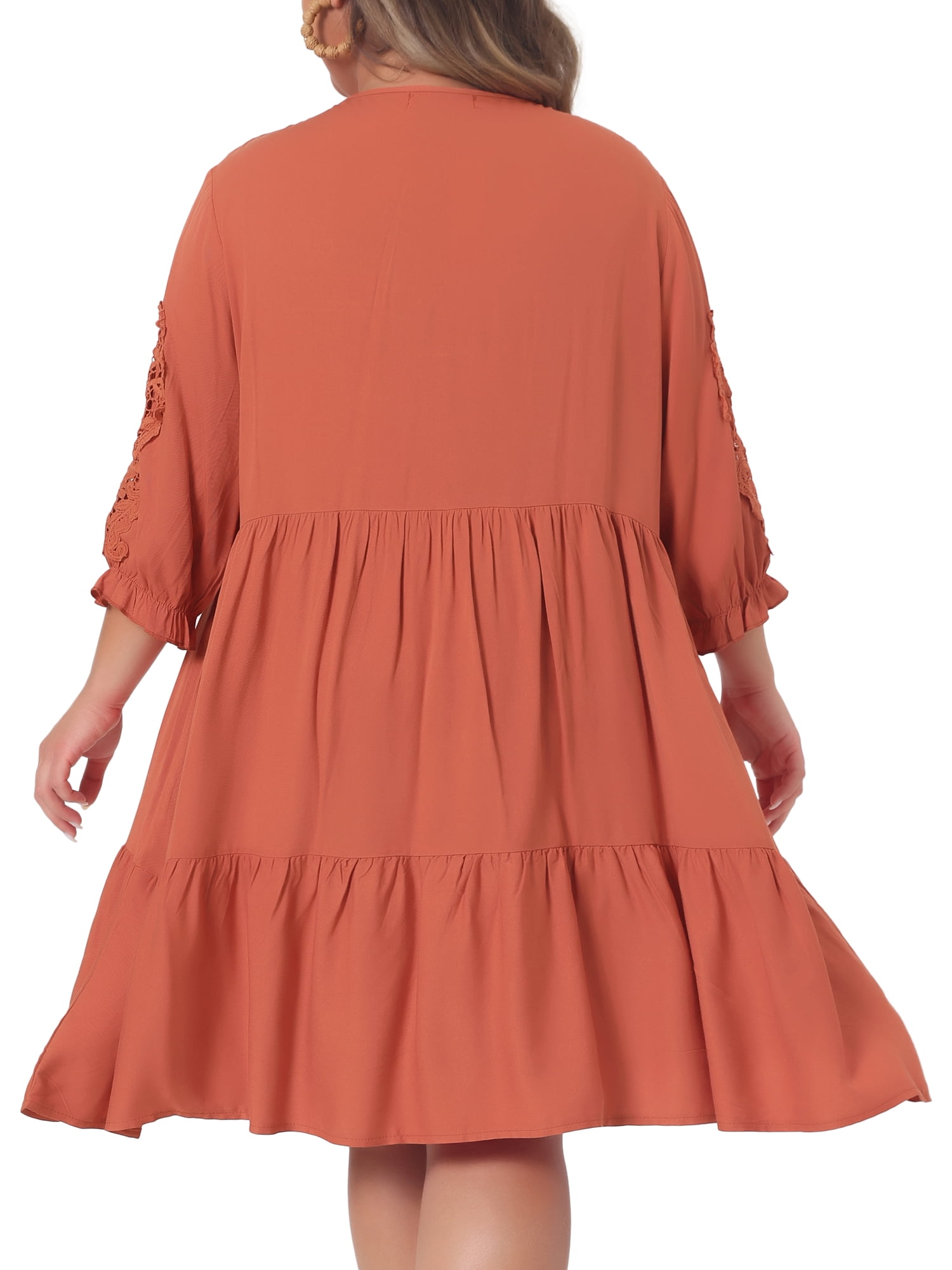 DARING DIVA Women's Plus Size Tie Neck Lace Sleeve  Ruffle Midi Flowy Dress 2X Orange