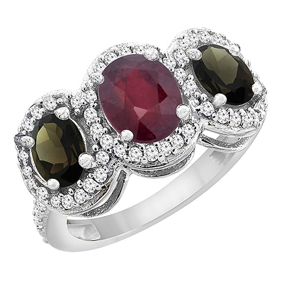 14K White Gold Enhanced Ruby & Natural Smoky Topaz 3-Stone Ring Oval Diamond Accent, size 5