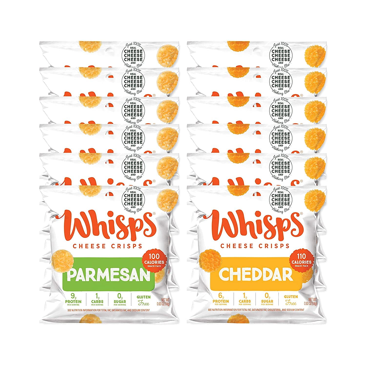 Whisps Parmesan & Cheddar All Natural Cheese Crisps - 2 Flavor Variety Pack - Great Tasting Healthy Snack - Keto Friendly - High Protein - Low Carb - Gluten & Sugar Free - 12 Pack (0.63oz Bags)