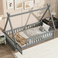 thumbnail image 3 of Newest Twin Tent-shaped Floor Bed,Teepee Bed with Guardrails,Slats , Door,Grey, 3 of 9