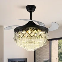 AFANQI Black 42" Luxury Crystal Chandelier Retractable Ceiling Fan Light Remote Control