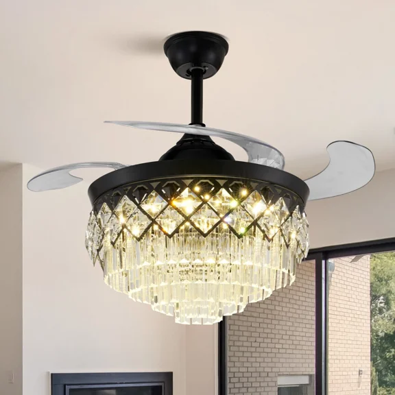 AFANQI Black 42" Luxury Crystal Chandelier Retractable Ceiling Fan Light Remote Control