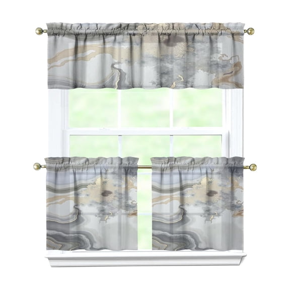 Light Grey Marble Pattern Kitchen Curtains and Valances Set-3 Piece Kitchen Curtains Sets with Valance for Windows Rod Pocket Machine Washable Kitchen Decor(54"x18" 2x27.5"x24")