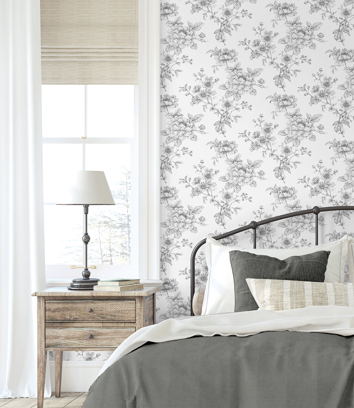 NextWall Grey Sketched Floral Peel and Stick Wallpaper
