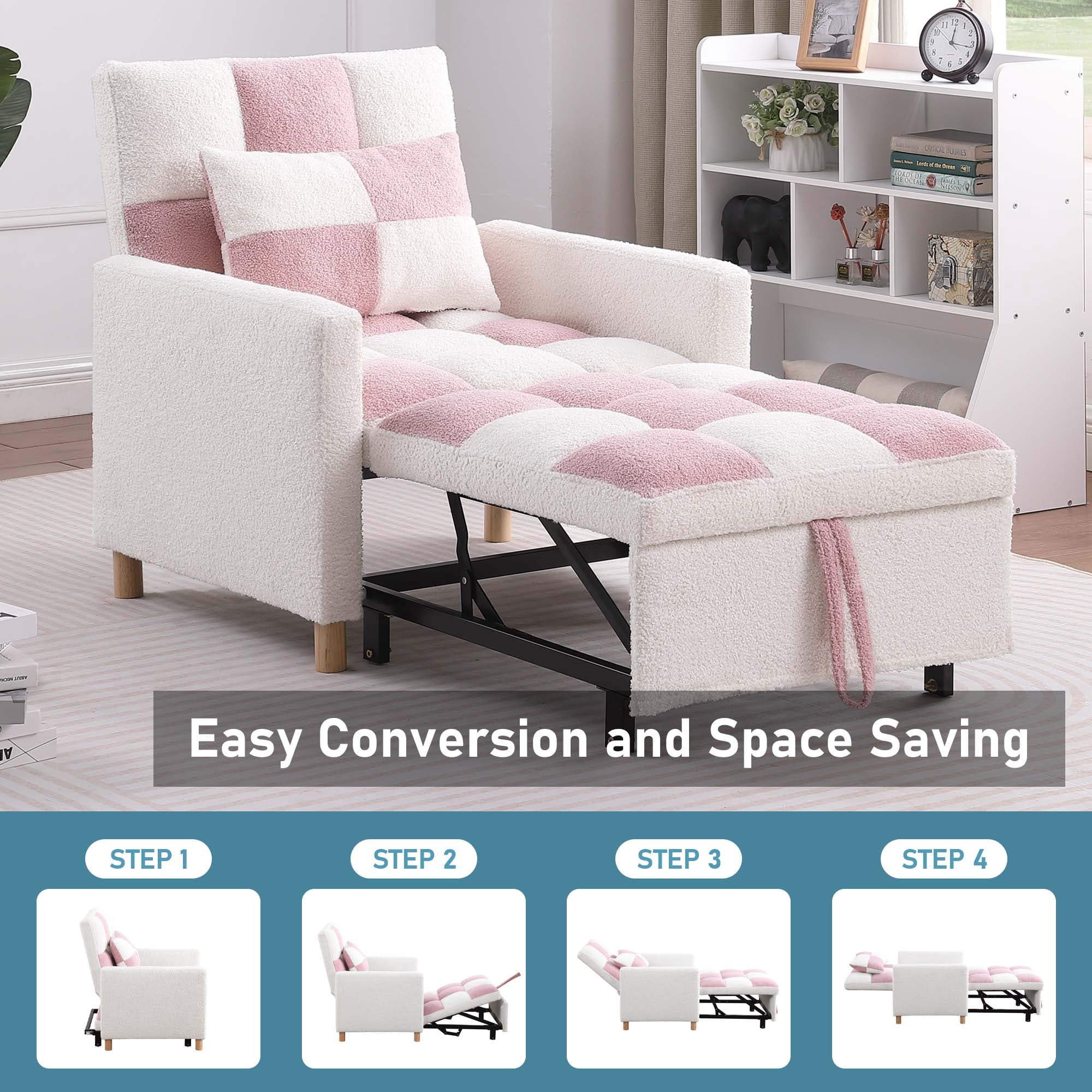 Aukfa Convertible Sleeper Chair Bed, Patchwork Pull Out Sofa Chair with Adjustable Backrest, Teddy - White/Pink
