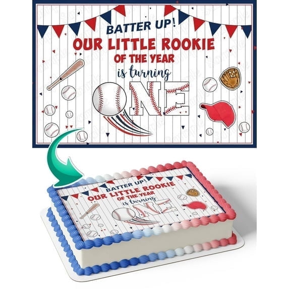 Batter Up Our Little Rookie Of The Year is Turning onE Birthday Edible Image Cake Topper For Quarter Sheet Cake By TNCT