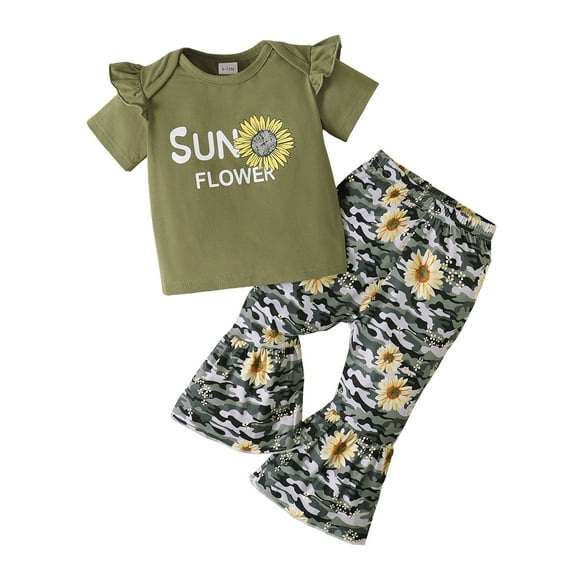 2T Baby Girls Clothes 3T Girls 2PCS Outfits Set Letter Print Toddler Girls Short Sleeve Top Camo Pants Set Green