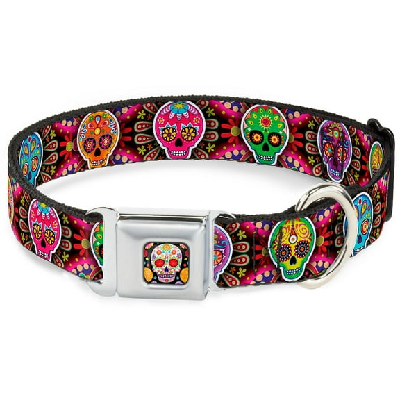 Thaneeya McArdle Pet Collar, Dog Collar Metal Seatbelt Buckle, Six Sugar Skulls Multi Color, 20 to 31 Inches 1.5 Inch Wide