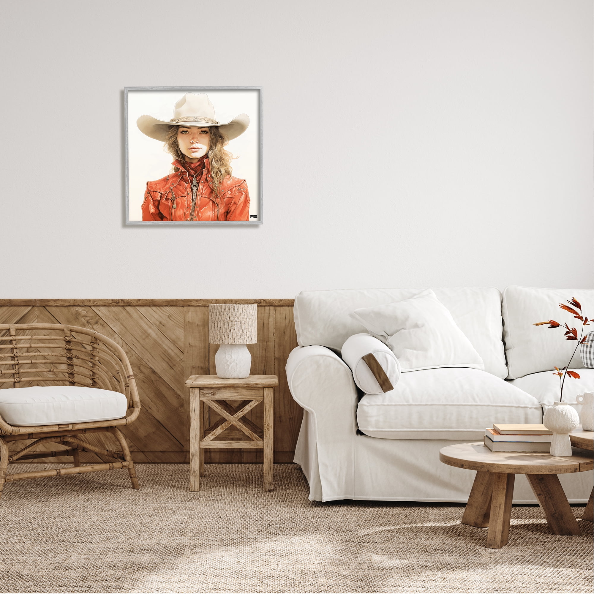 Stupell Industries Western Cowgirl Portrait Abstract Painting Gray Framed Art Print Wall Art, 24 x 24