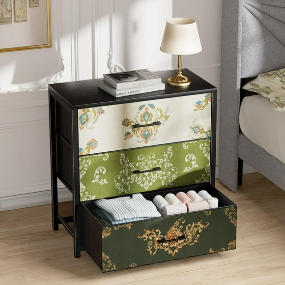 Memobarco Nightstand End Table Bedside Table Small Tall Boho Dresser for Bedroom with 3 Drawer Chest of Drawers Fabric Dressers with Wood Top for Closet Living Room Retro Flower
