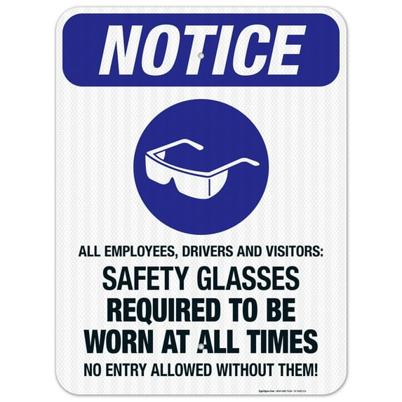 All Employees And Visitors Safety Glasses Required At All Times Sign, OSHA Sign, 18x24 Reflective Aluminum EGP