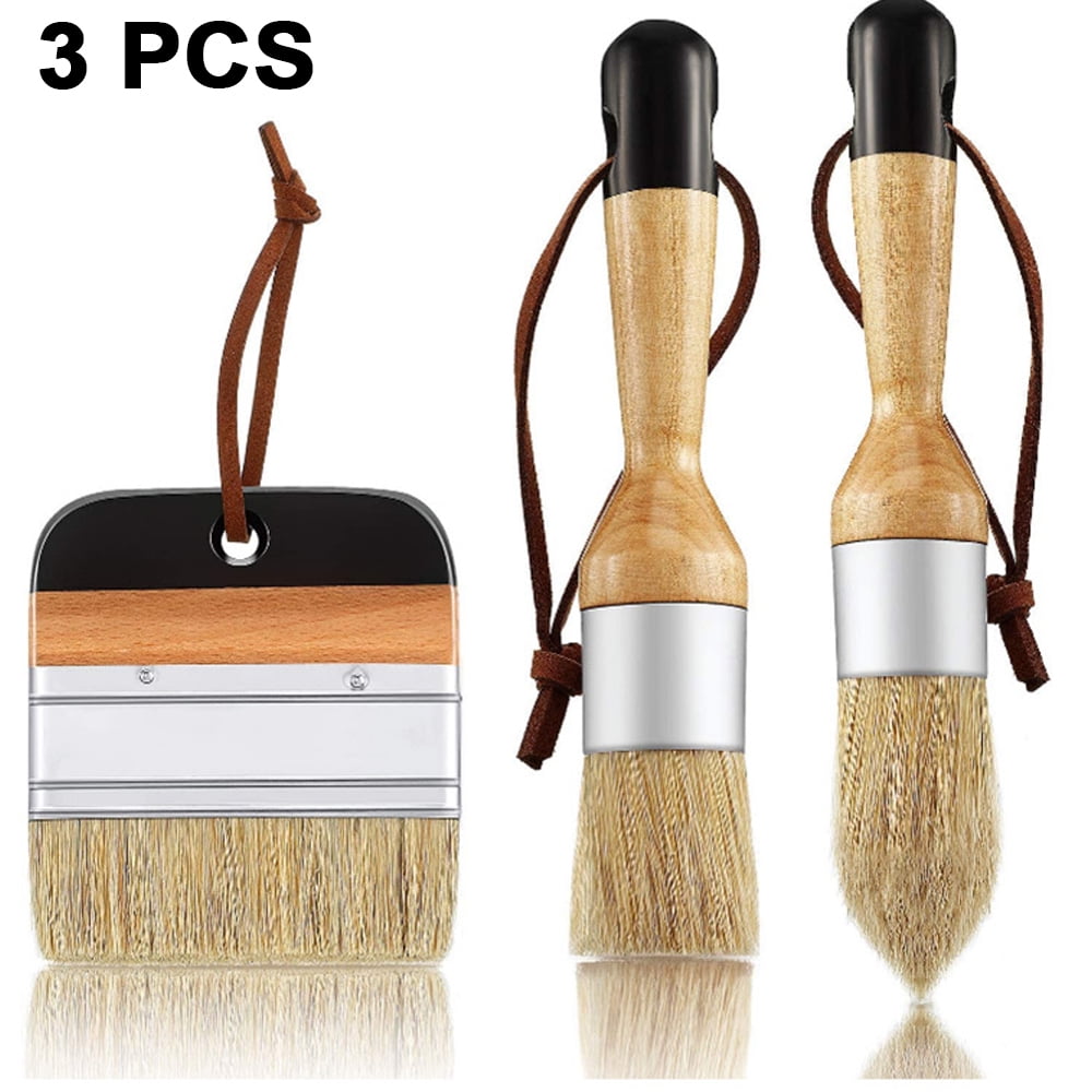 3 Pieces Chalk and Wax Paint Brush for Furniture Waxing Painting, Natural Boar Bristles Painting Crayon Brush