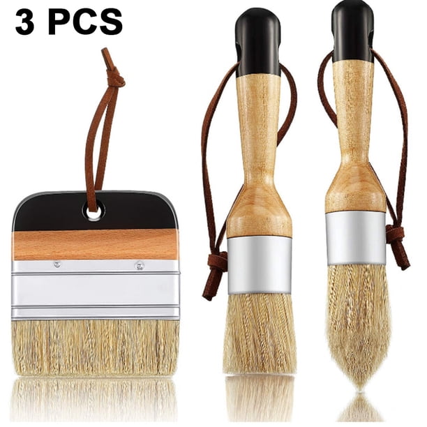 Juego de 3 herramientas Masterpiece de tiza y cera con cerdas naturales para diversas necesidades de pintura, con mangos de madera maciza, que incluyen pinceles planos, puntiagudos y redondos,