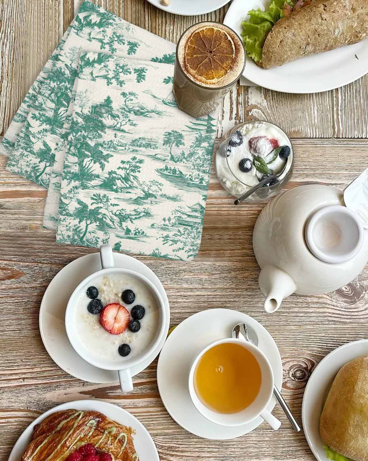 Green Garden Retro Kitchen Dish Towels for Drying Dishes Set of 4, Modern Art Building Tree Boat Waffle Weave Microfiber Terry Hand Tea Bathroom Towels Quick Dry & Absorbent Towel 15.7x23.6