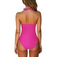 thumbnail image 2 of Inadays Sexy One Piece Bathing Suit for Women Halter Swimsuits Push Up Tummy Control Monikini Full Coverage Swimwear V Neck Retro Beachwear, Hot Pink, XL, 2 of 6