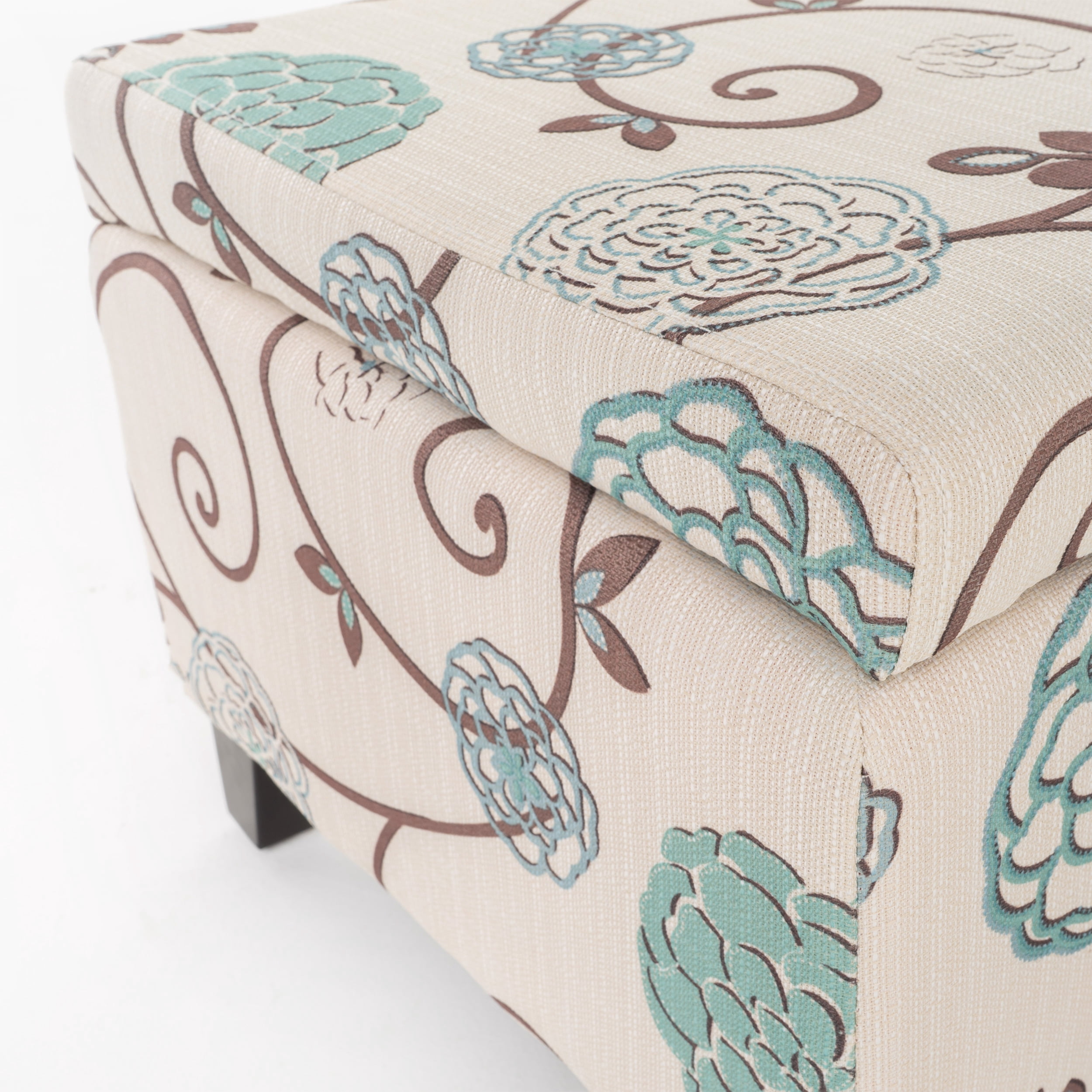 Noble House Hampton Contemporary Fabric Upholstered Storage Ottoman, White and Blue Floral